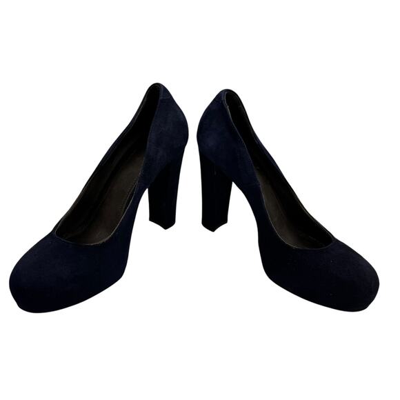 Vintage Joie Navy Suede Platform Pumps Round Toe, Block Heel, Size 39 - Picture 4 of 11